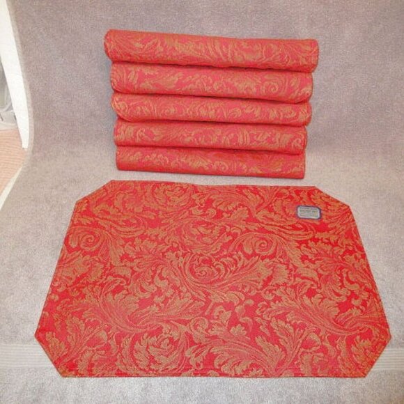 Vtg Holiday Red Placemats Gold Shimmer Paisley Set Of 6 Reversible Regency - Picture 4 of 7